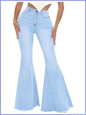 Women's Elastic High Waisted Embroidered Flare Bell Bottom Jeans Raw Hem Denim